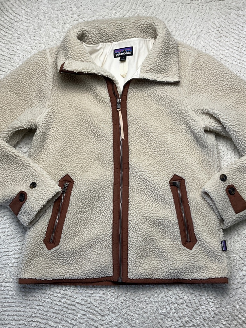 Patagonia Women's Divided Sky Jacket Sherpa with Brown Trim Size Medium - Picture 3 of 16